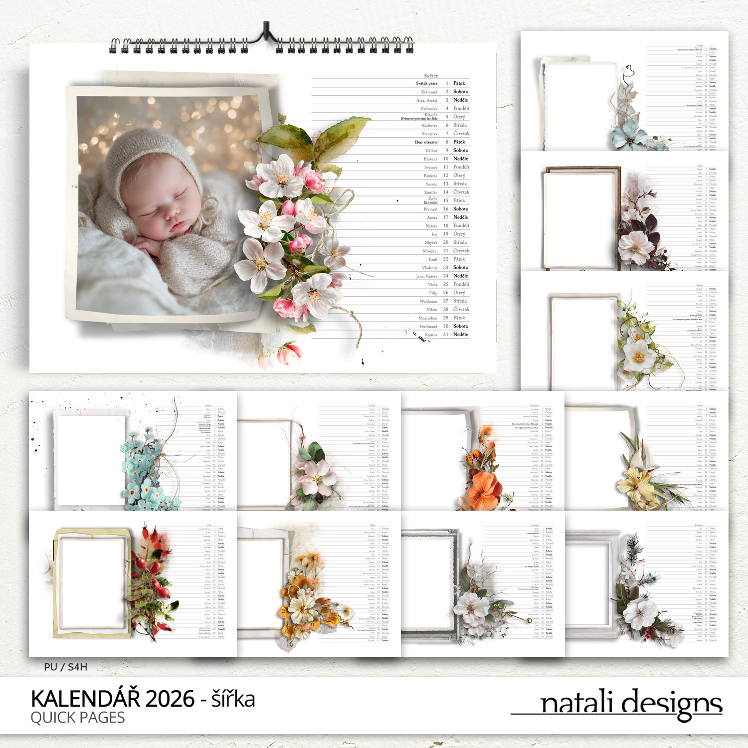 * NOVINKA * Kalendář nástěnný se jmény 26 - šířka/bílý - rámeček