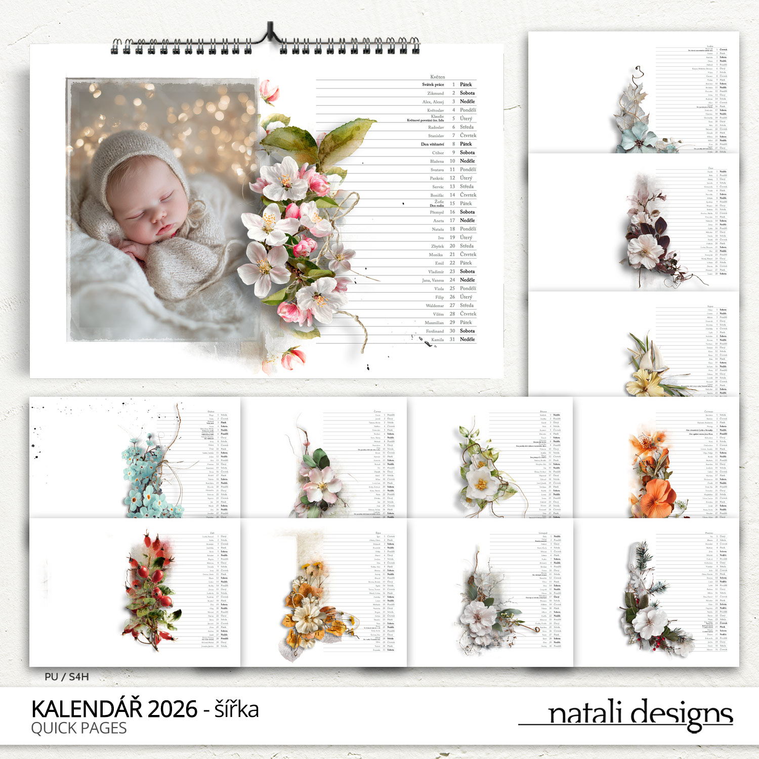 * NOVINKA * Kalendář nástěnný se jmény 26 - šířka/bílý - maska