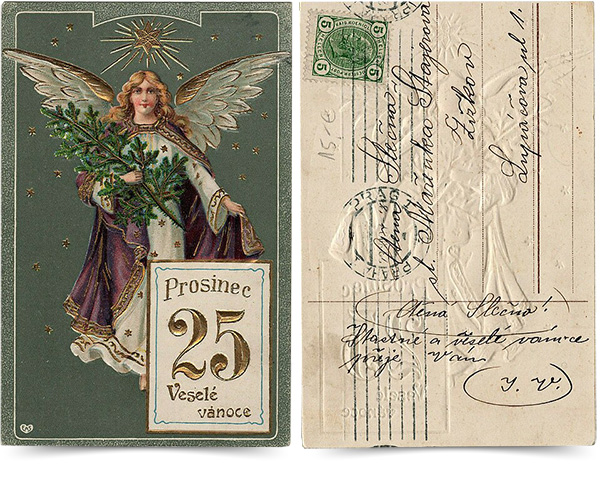 Obrázek historické vánoční pohlednice, Böhmen – Prag, 1907. Dílo je v public domain (nechráněno autorským právem). Zdroj: Wikimedia Commons.