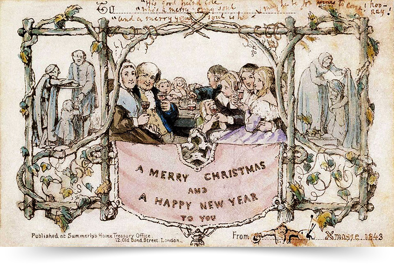 První komerční vánoční přání (1843) John Callcott Horsley – Christmas card (1843)