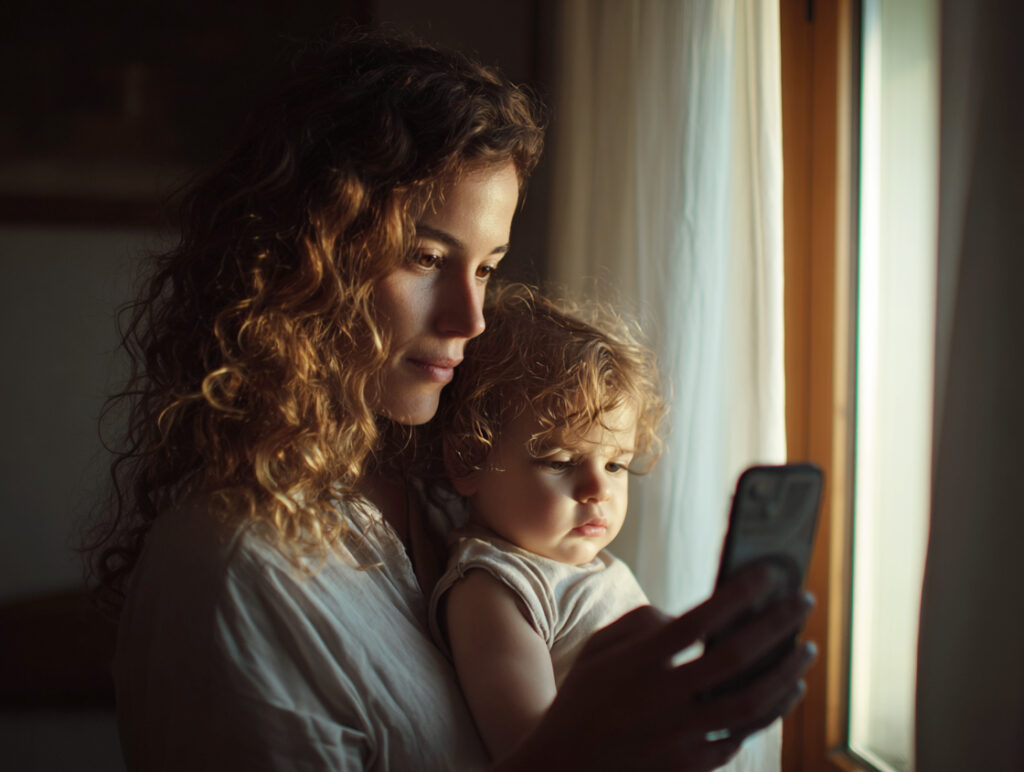 Krásná rodinná fotografie matky a syna se zajímavým dopadem přirozeného světla z okna.
