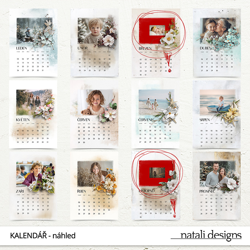 "Upozorňovací" náhled na kalendář z vašich fotografií s dvěma rozměrově nevhodnými fotografiemi.