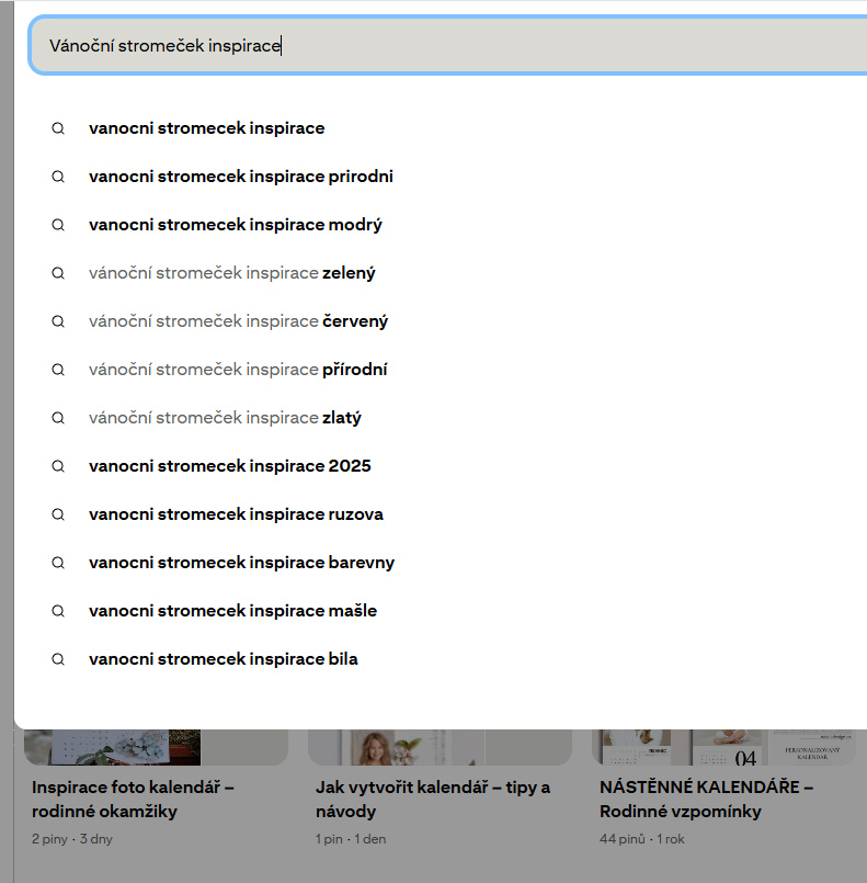 Pinterest má vyhledávací řádek, kam se píšou vyhledávaná klíčová slova.
