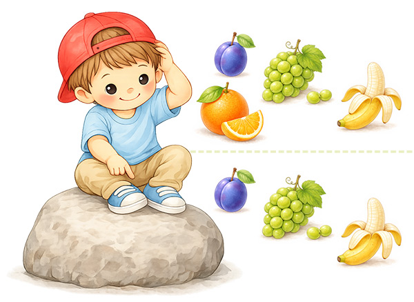 Pracovní listy zdarma, pro děti 3+  Objevujeme svět s Kubíkem - ovoce. Kubík a ovoce