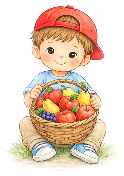 Pracovní listy zdarma, pro děti 3+  Objevujeme svět s Kubíkem - ovoce. Kubík a košík ovoce