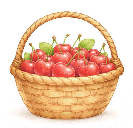 Pracovní listy zdarma, pro děti 3+  Objevujeme svět s Kubíkem - ovoce. Kubíkovo košík třešní