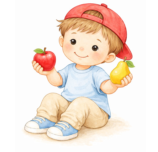 Pracovní listy zdarma, pro děti 3+  Objevujeme svět s Kubíkem - ovoce. Kubík jablko a hruška.