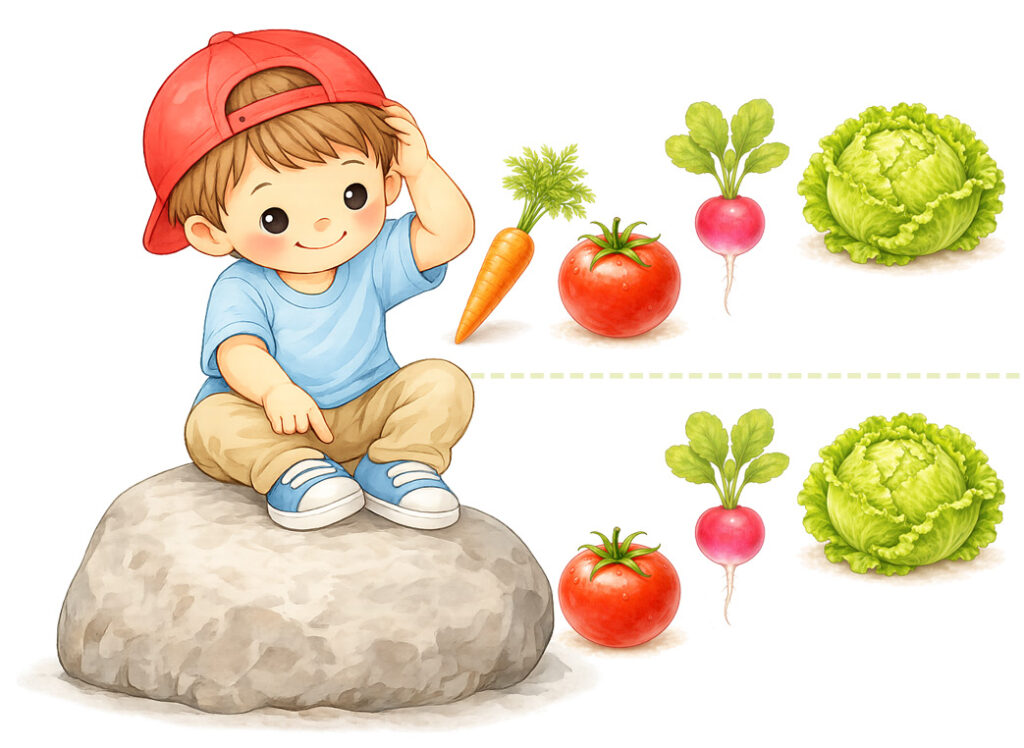 Malý Kubík se zeleninou, Pracovní listy pro děti 3+, Kimova hra