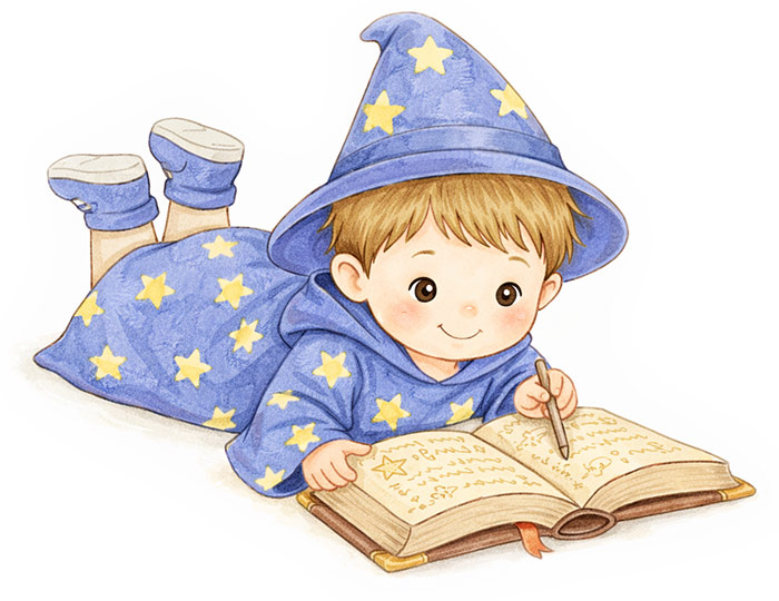 Obrázek Kubíka jakou malého kouzelníka, prohlíží si kouzelnickou knihu
