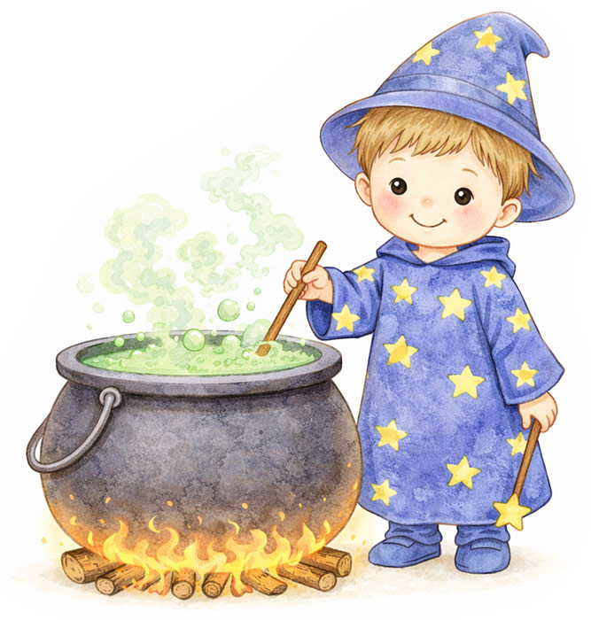 Malý Kubík jako kouzelník vaří kouzelnický lektvar