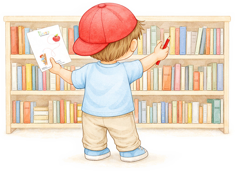 Kubík stojí před knihovnou a drží List ze série Kubík a cesty