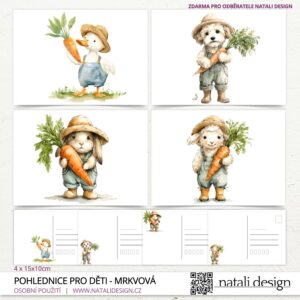 Dětské pohlednice – zvířátka s mrkví č. 2 (sada 4 ks)