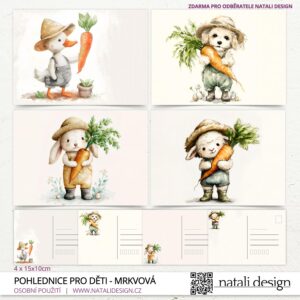 Dětské pohlednice – zvířátka s mrkví č. 1 (sada 4 ks)