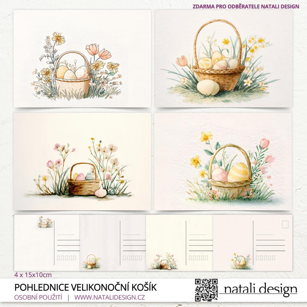 Velikonoční pohlednice ke stažení – sada akvarelových přání s velikonočním košíkem