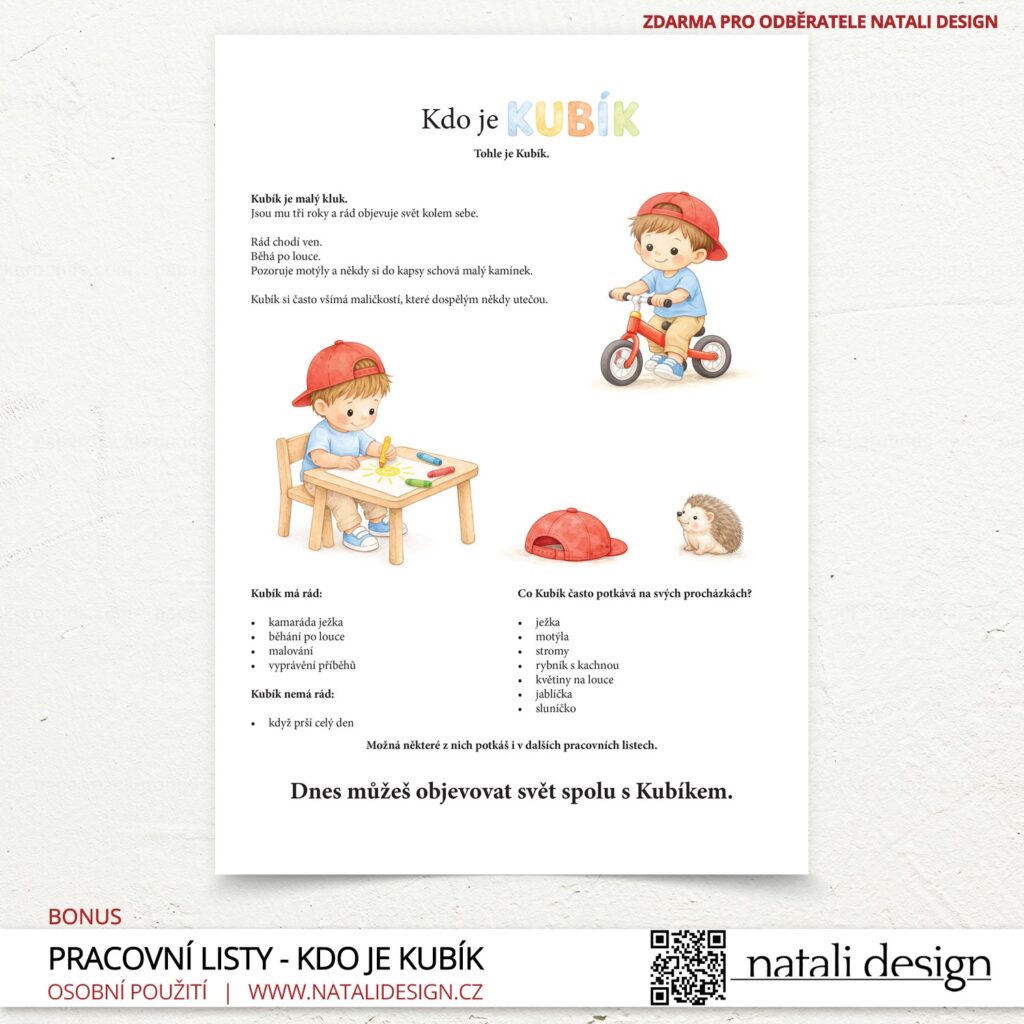 Série pracovních listů zdarma, pro děti 3+  Objevujeme svět s Kubíkem - Kdo je Kubík? 