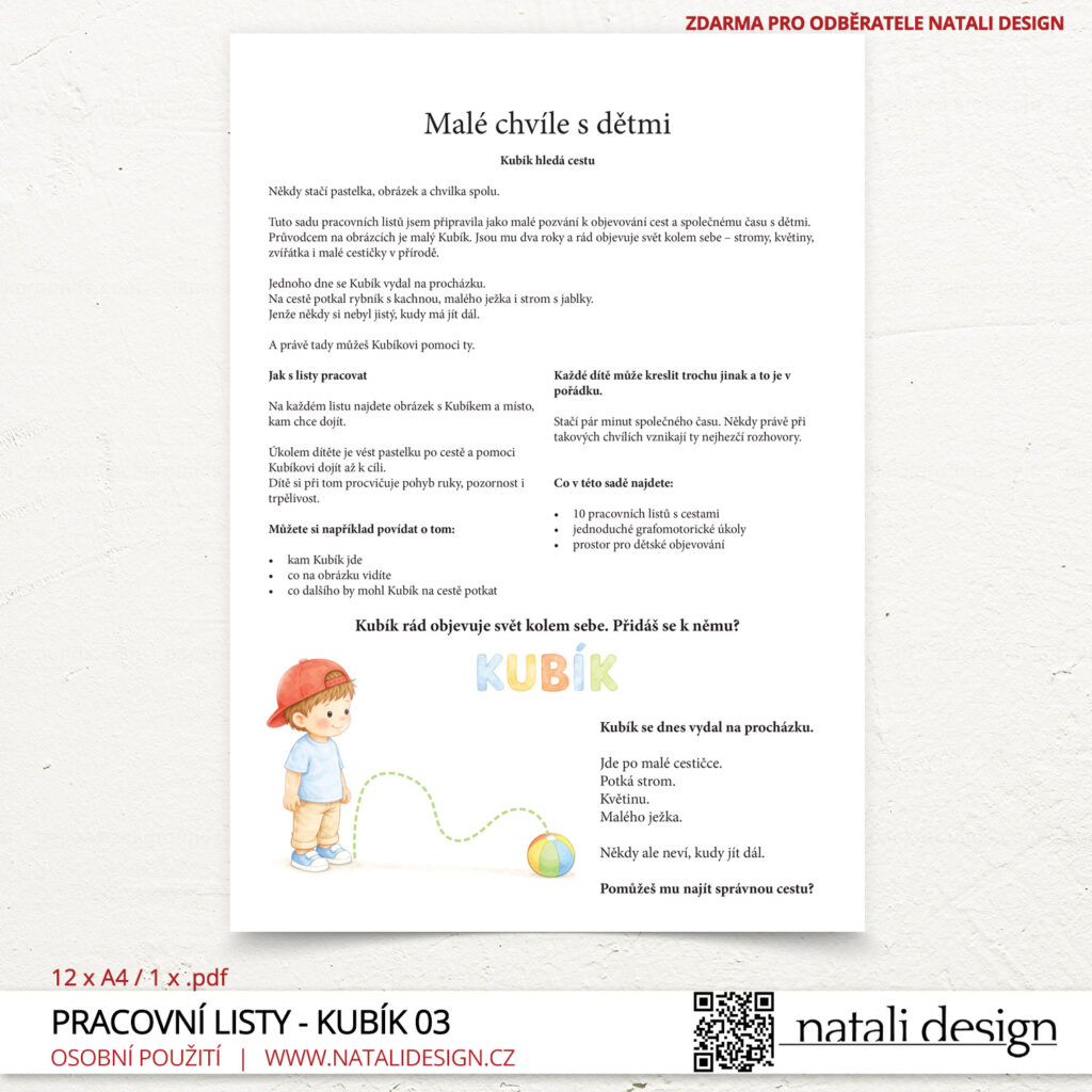 Úvodní list ze série pracovních listů pro děti 3+, ke stažení zdarma. Kubík a cesty