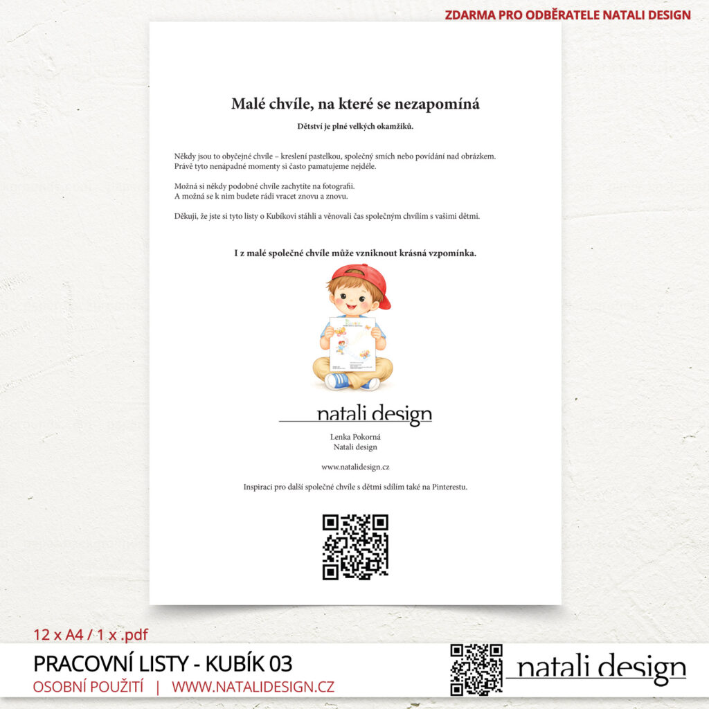 Závěrečný list ze série pracovních listů pro děti 3+, ke stažení zdarma. Kubík a cesty