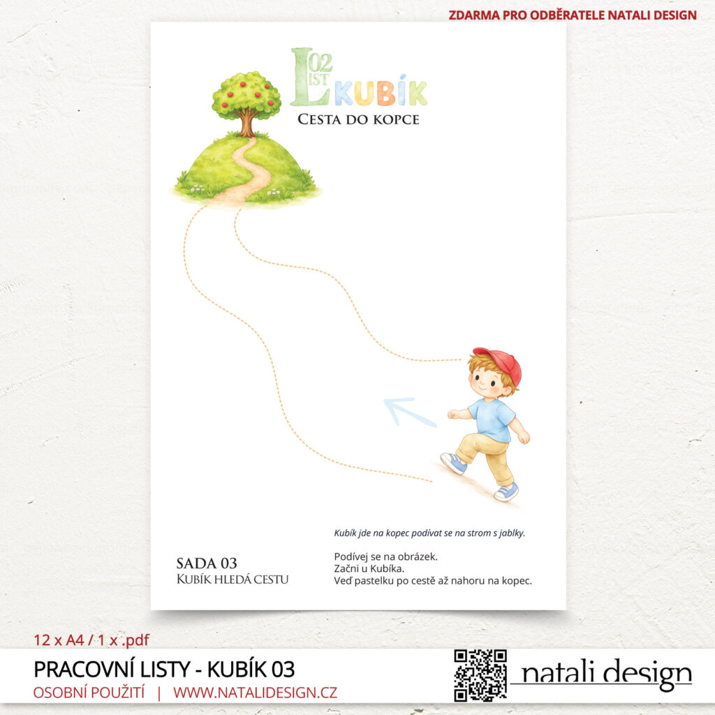 Jeden list ze série pracovních listů pro děti 3+, ke stažení zdarma. Kubík a cesty