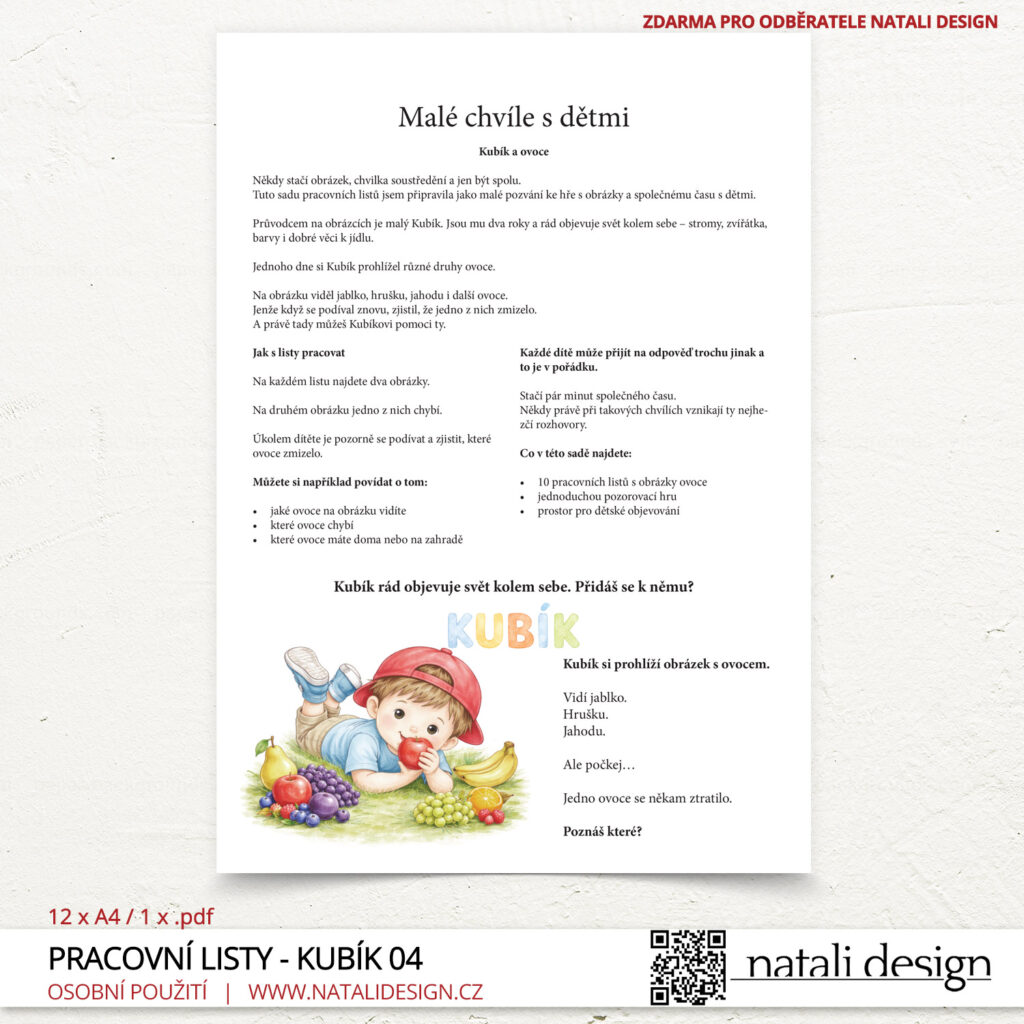 Úvodní stránka pracovních listů zdarma, pro děti 3+  Objevujeme svět s Kubíkem - ovoce. 