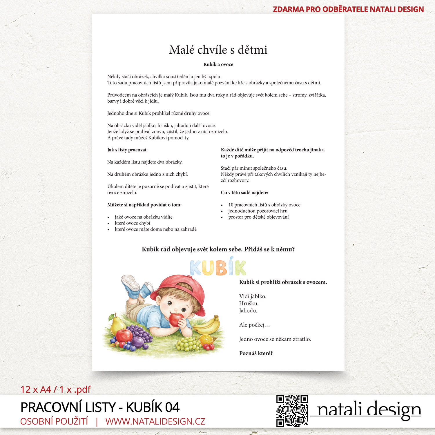 Kubík a ovoce <br>Pracovní listy pro děti 3+ (12 listů) - Obrázek 2
