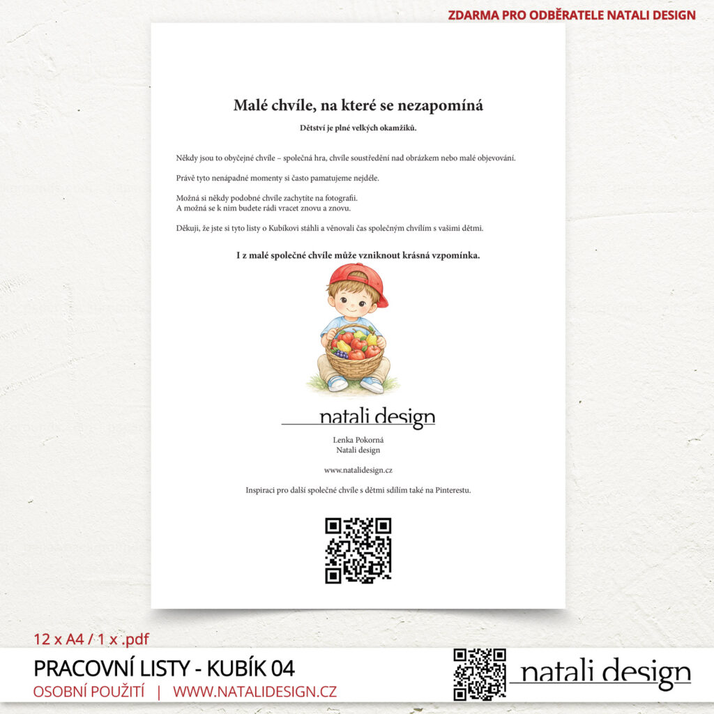 Závěrečná stránka pracovních listů zdarma, pro děti 3+  Objevujeme svět s Kubíkem - ovoce. 