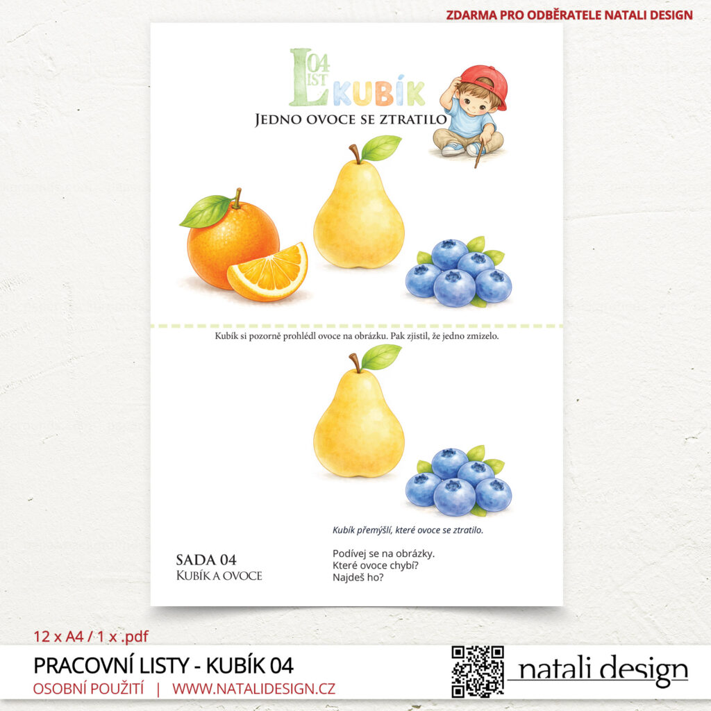 Pracovní stránka pracovních listů zdarma, pro děti 3+  Objevujeme svět s Kubíkem - ovoce. 