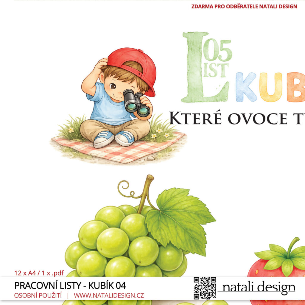 Detail na stránku pracovních listů zdarma, pro děti 3+  Objevujeme svět s Kubíkem - ovoce. 