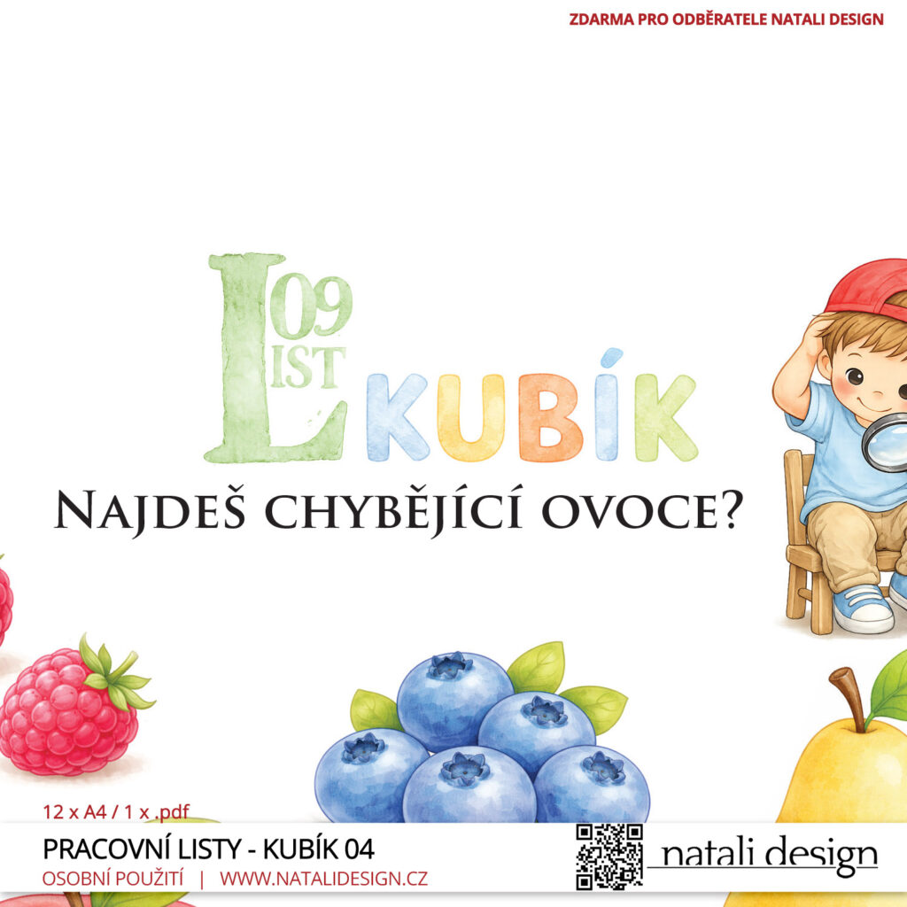 Detail na stránku pracovních listů zdarma, pro děti 3+  Objevujeme svět s Kubíkem - ovoce. 