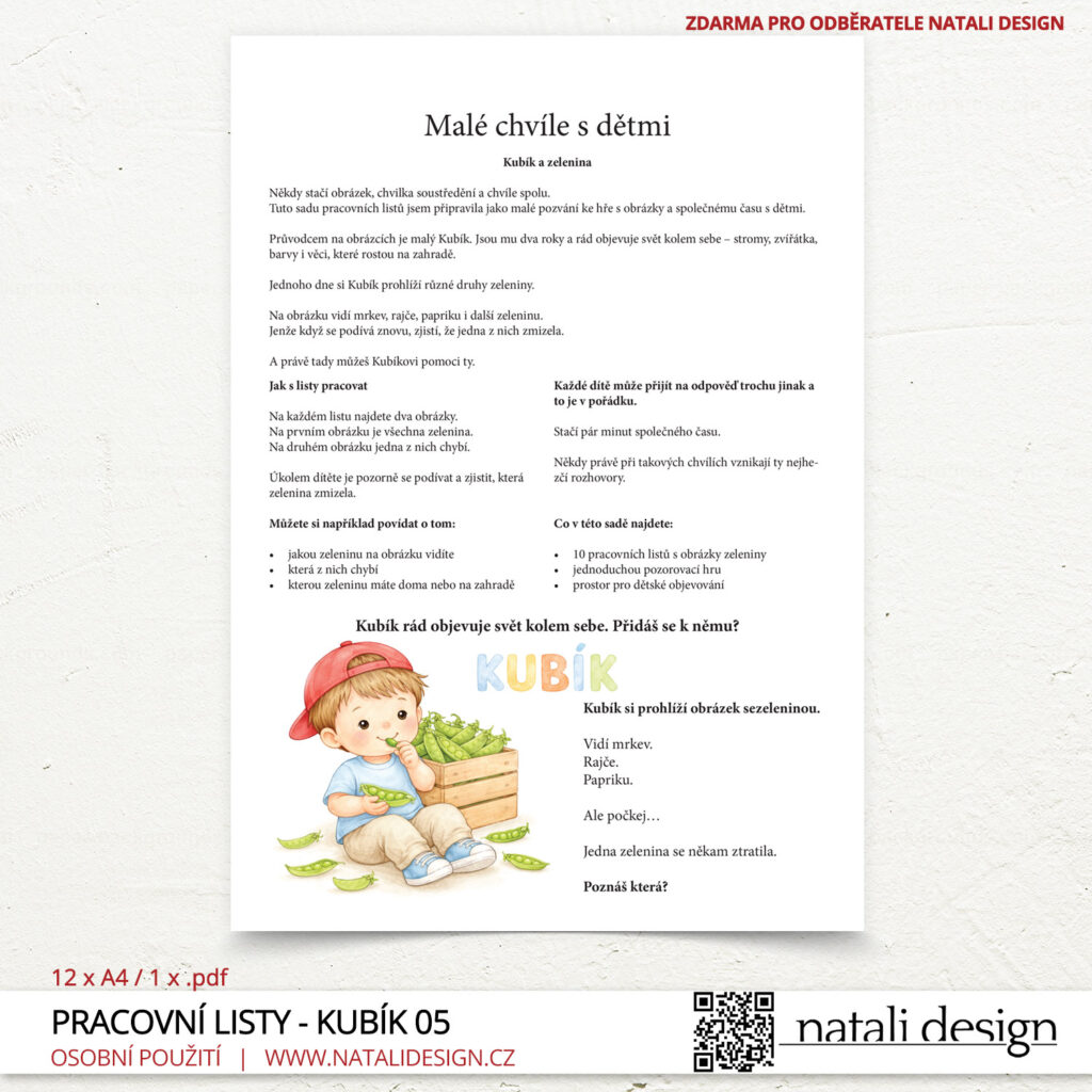Úvodní stránka pracovních listů "Kubík a zelenina" pro děti 3+, které jsou ke stažení zdarma