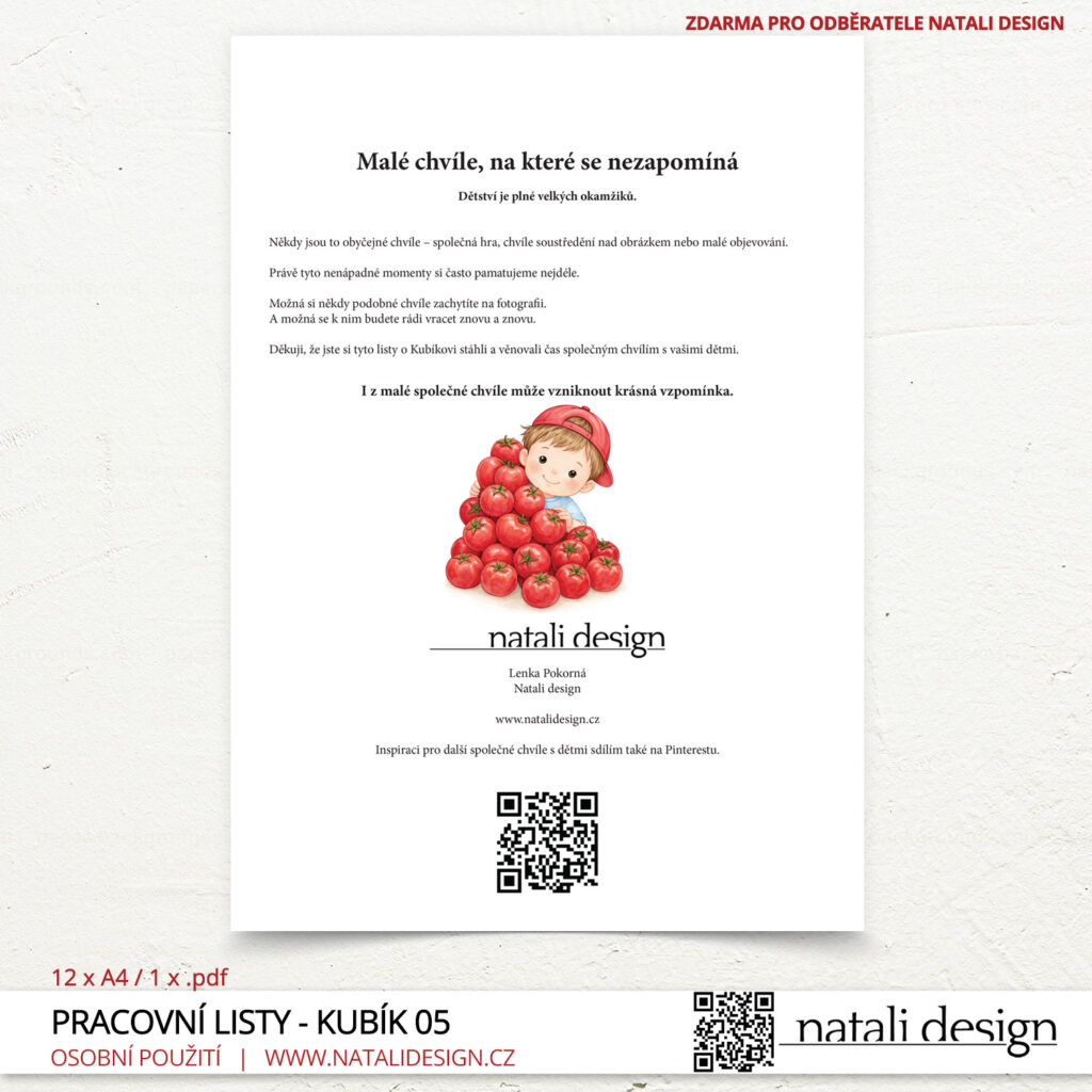 Závěrečná stránka pracovních listů "Kubík a zelenina" pro děti 3+, které jsou ke stažení zdarma