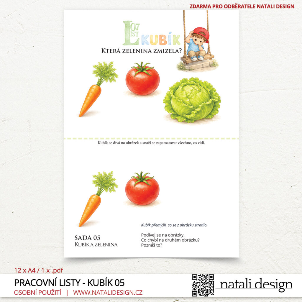 Jeden z listů pracovních listů "Kubík a zelenina" pro děti 3+, které jsou ke stažení zdarma