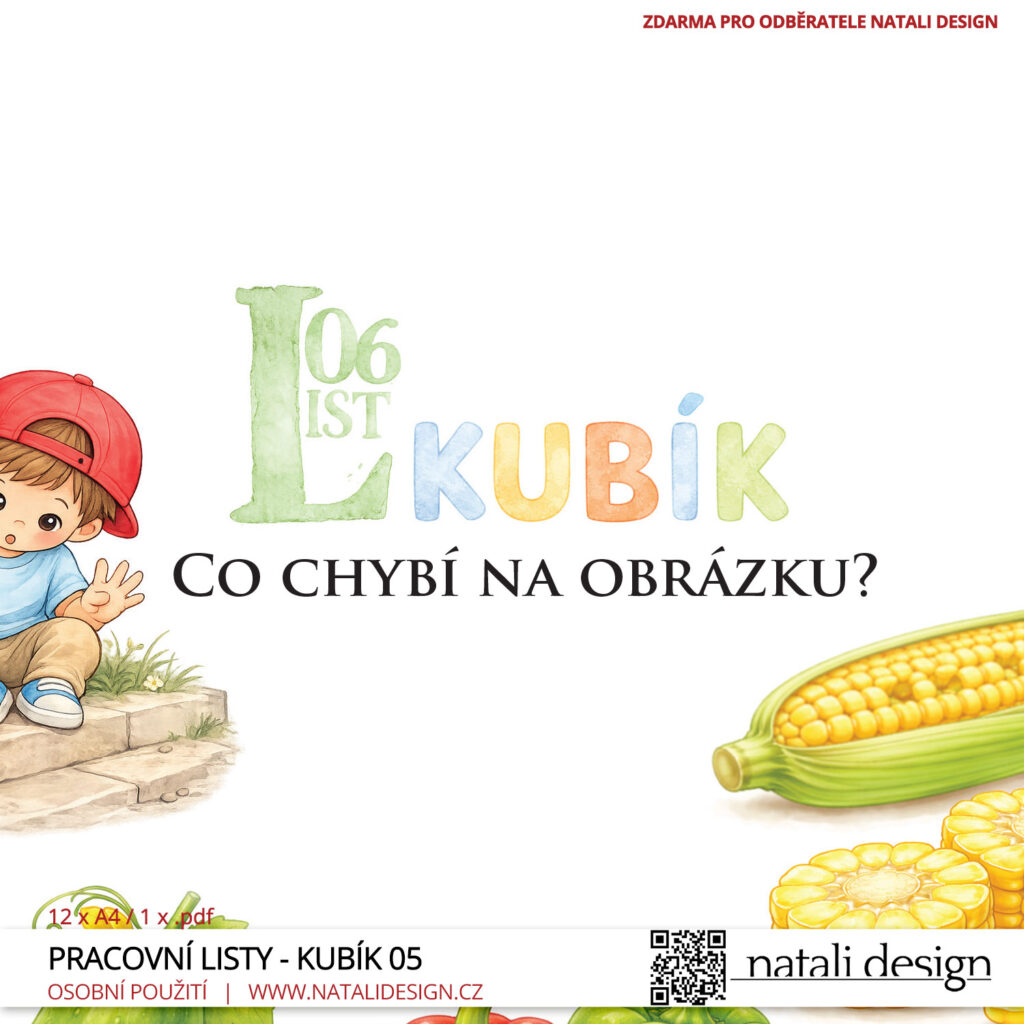 Další detailní ukázka z pracovních listů "Kubík a zelenina" pro děti 3+, které jsou ke stažení zdarma