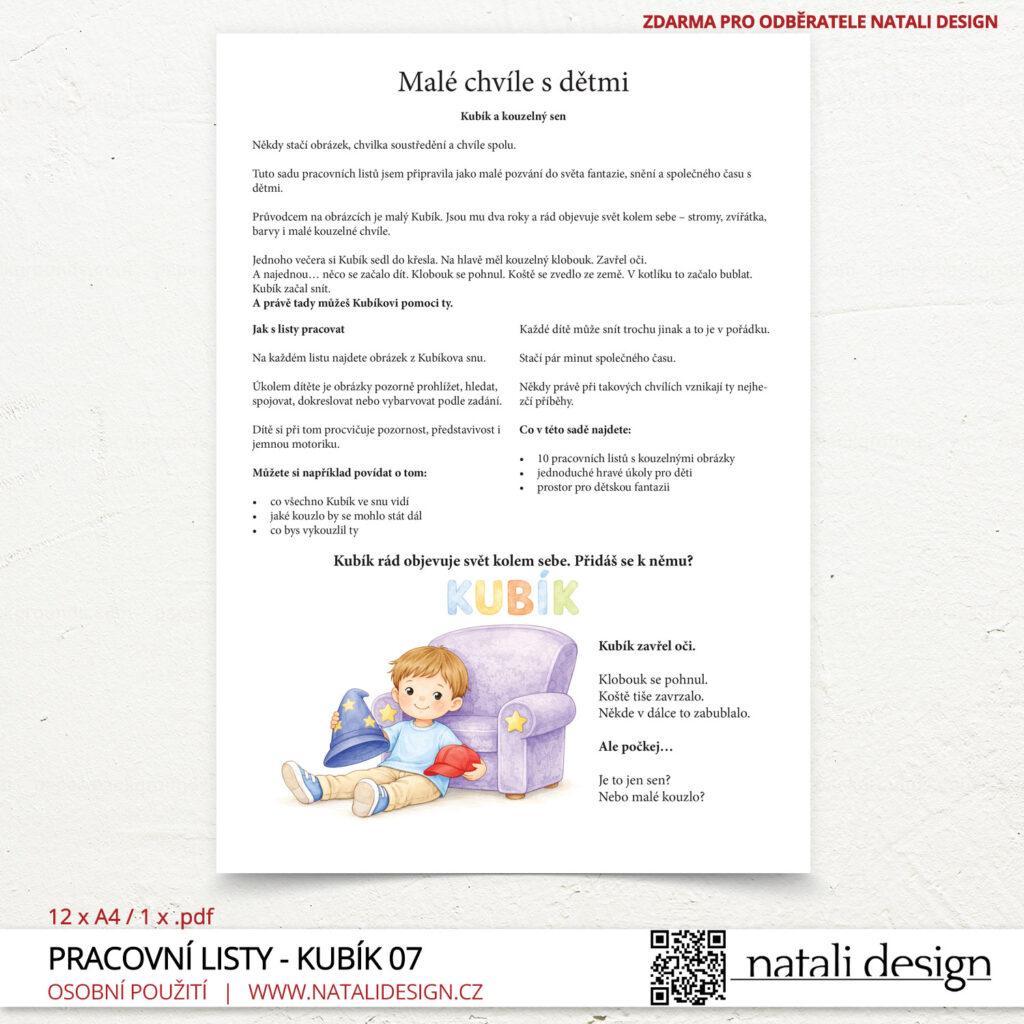 Náhled na jeden list ze série Kubík a kouzelný sen - úvod - aktivity pro děti