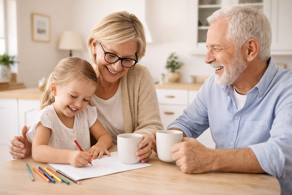 Krásný okamžik štěstí - fotografie babičky, dědy a jejich vnučky - jak si spolu malují.